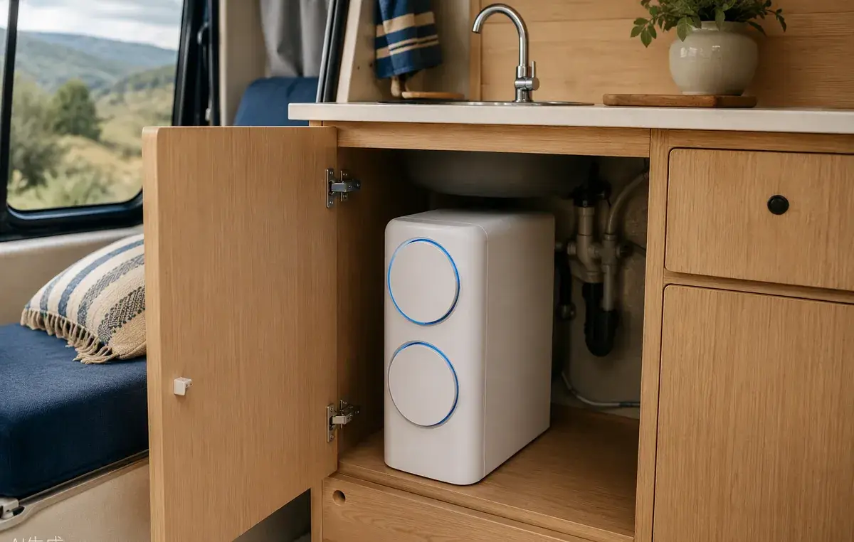 Purificateur EASY 1 compact installé sous l’évier d’une cuisine de camping-car